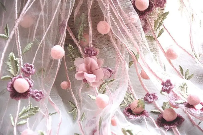 Embroidery Veil - Tkanina koronkowa z haftem 3D, szyfonowe