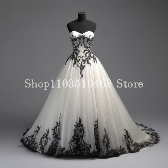 Embroidery White Dress - Czarna biała gotycka haftowana suknia ślubna